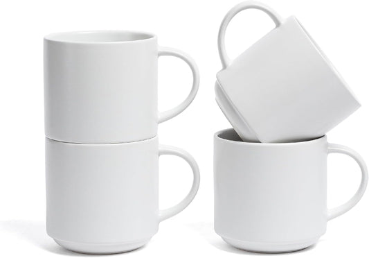 over&back Coffee Mugs Set of 4 – 14oz Ceramic Coffee Mug for Tea, Latte & More – Stackable Stoneware Coffee Cups with Semi-Matte White Finish – Durable & Stylish Drinkware