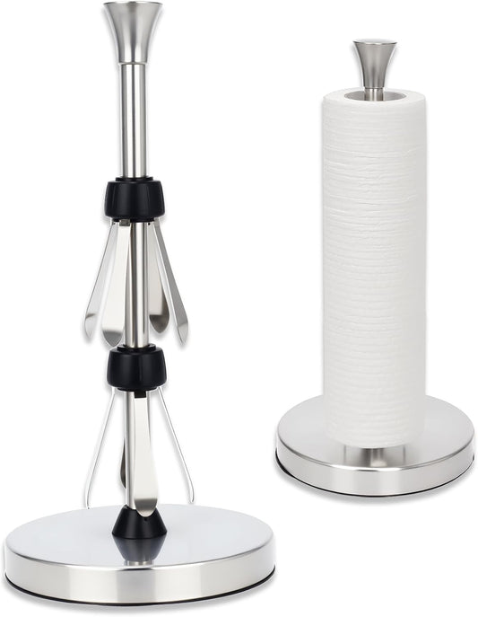 Stainless Steel Paper Towel Holder – Heavy-Duty Base & Suction Cup, Non-Slip for Countertops, One-Hand Tear Design, Fits All Roll Sizes