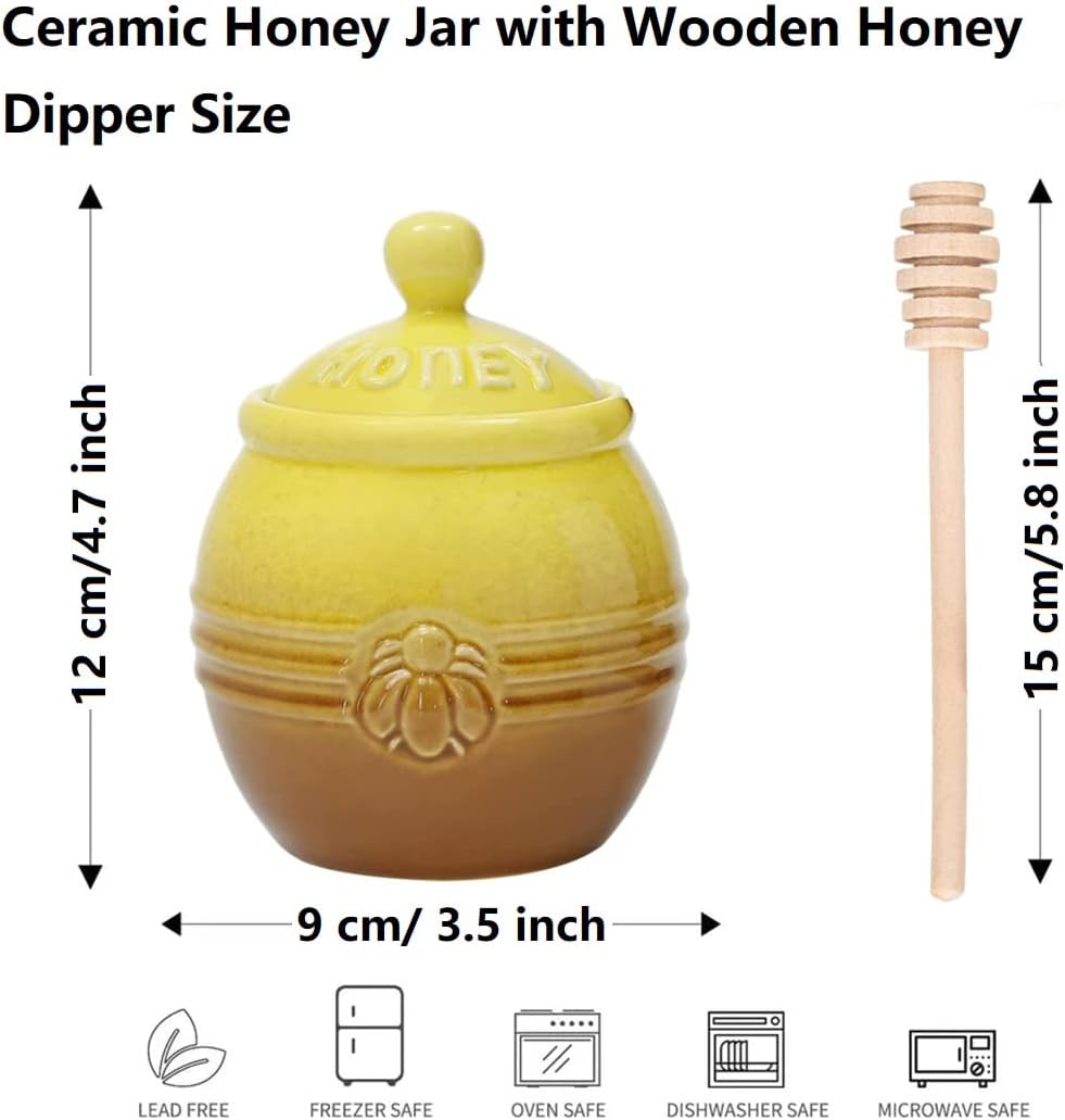 12oz Ceramic Honey Jar with Wooden Dipper Stick-Honey Pot with Dipper, Yellow Honey Dispenser, Farmhouse Kitchen Great Bee Decor, Porcelain Honey Jar Easy to Clean for Mother's Day Wife Gift