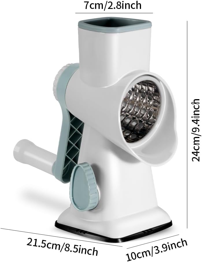 Cheese Grater Hand Crank Rotary Vegetables Shredder with Handle, 3-in-1 Graters with Interchangeable Blades and Strong Suction Base Multifunctional Slicer for Kitchen,white