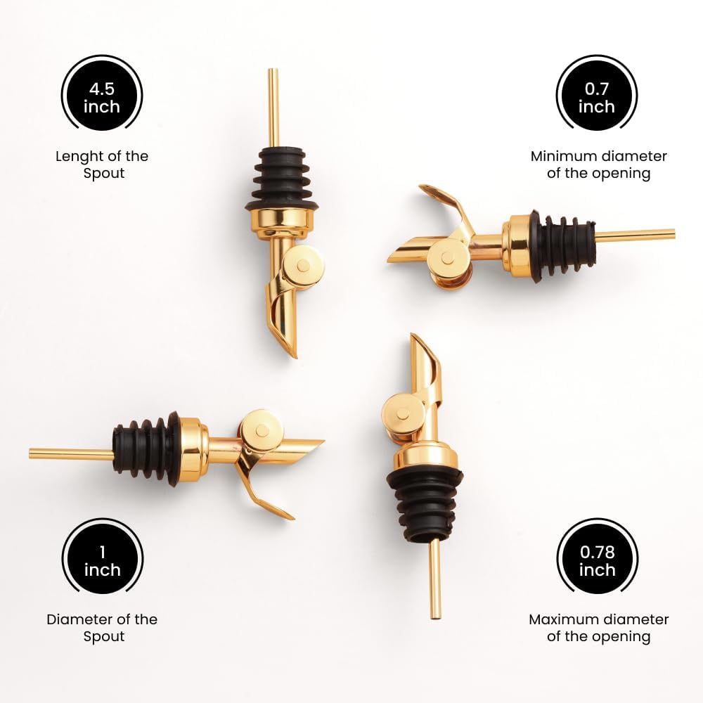 Molimoli Liquor Pour Spout Made of Stainless Steel with Automatic Anti-Oxidation Mechanism, Bottle Pourers for Alcohol, Olive Oil Dispenser Spout, Wine Pourer Spout, Oil Bottle Spout, Pack of 4, Gold
