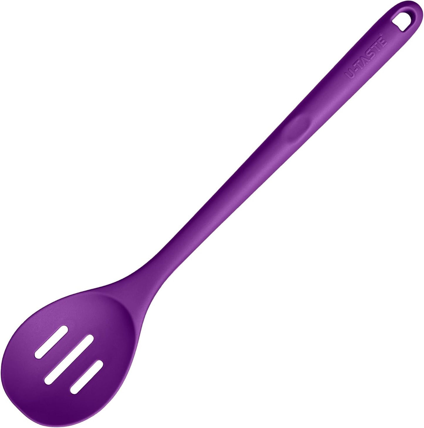 600ºF Heat Resistant Slotted Spoon: U-Taste 13.3in Solid Kitchen Cooking Spoon, Nonstick Food Grade Large & Long Rubber Utensil for Mixing, Serving, Stirring, Basting, Frying, Draining (Purple)