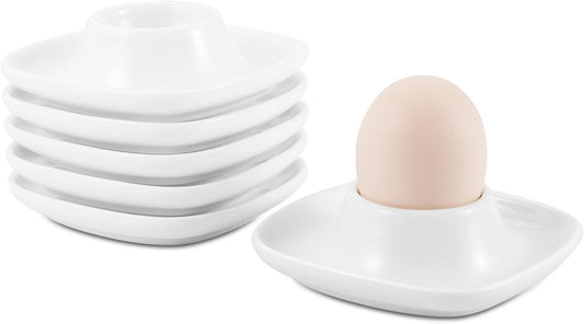 Flexzion Soft Boiled Egg Holder Set - Egg Cups for Soft Boiled Eggs British - Set of 6 Ceramic Egg Holder - Stackable Egg Coddler Cups with Base for Serving, Breakfast, Brunch, White
