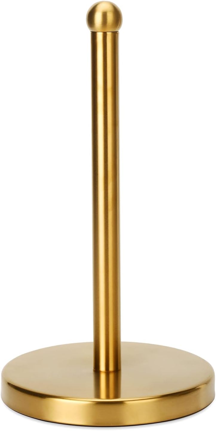 Gold Paper Towel Holder, Easy One-Handed Design for Kitchen Stand Paper Towel Dispenser, Sturdy Base for Standard Paper Towel Rolls and Mega Paper Towel Roll (Gold - Stainless Steel Base)