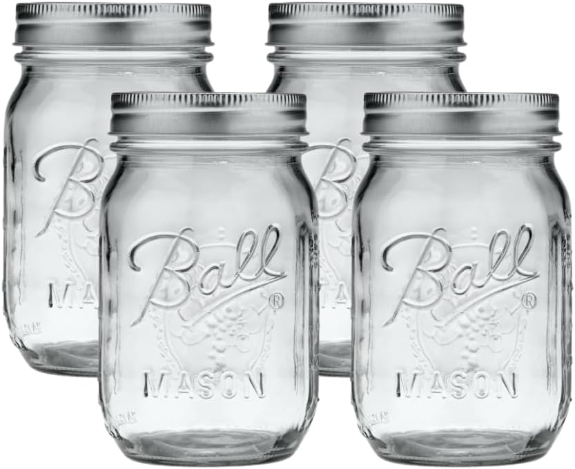 Ball Regular Mouth Glass Mason Jars with Lids and Bands, Used for Canning (Pint, 16 Ounce (Pack of 4))