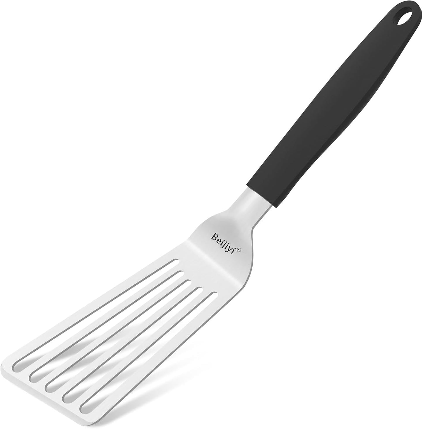 Beijiyi 11.3" Fish Spatula, Stainless Steel Slotted Spatula for Cooking Flipping Fish, Egg, Burger, Metal Kitchen Turner for Cast Iron Skillet with Silicone Handle, 1.2mm Thickened Blade