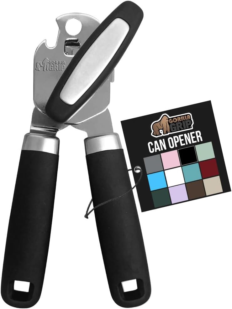 GORILLA GRIP Heavy Duty Stainless Steel Smooth Edge Manual Can Opener and Bottle Openers, Soft Comfortable Handle, Oversized Handheld Turn Knob, US Designed Multifunctional Kitchen Tool, Black