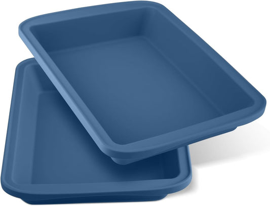 Sunsetbaby Silicone Bakeware Cake Pan, Rectangular Baking Dish with Handles, Compatible with Fancy Panz, for Lasagna, Cake, Brownie or Family Dinner, 12.6 x 9.8 x 2.1 Inch (2 Pack, Blue)