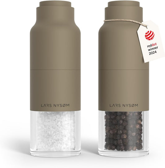 LARS NYSØM Salt and Pepper Grinder Set, Stainless Steel Manual Salt and Pepper Mills, Adjustable Ceramic Grinder, Design Spice Shakers (Taupe Brown)