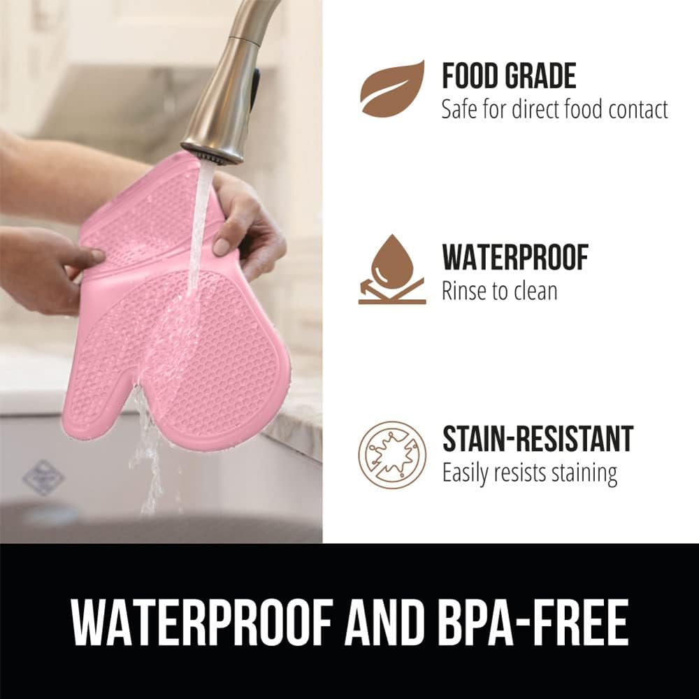 GORILLA GRIP BPA-Free Soft Silicone Oven Mitts, Heat Resistant and Waterproof Cooking Gloves, Thick Cotton Lining, Flexible Gripping for Baking Grilling, Kitchen Potholders Set of 2, 12.5x8.3, Pink