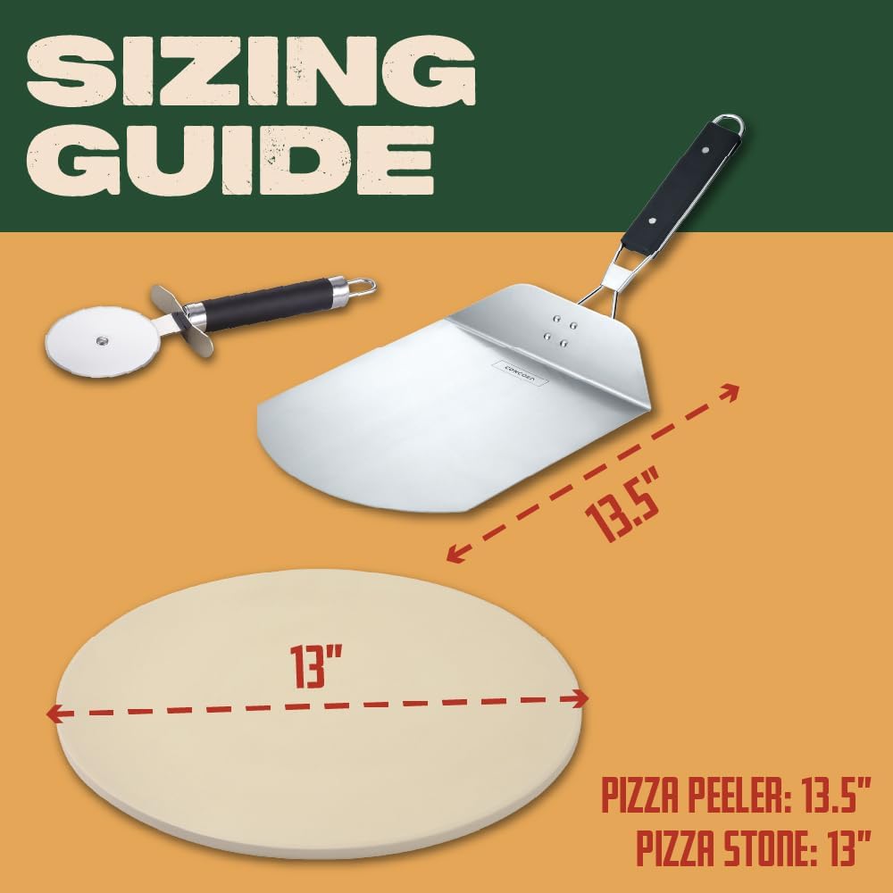 Concord 3 Piece Pizza Stone, Pizza Peel, Pizza Cutter, with Cordierite Heatwell Technology (Pizza set)