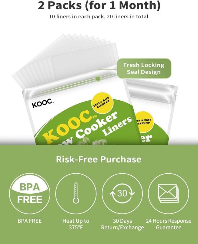 KOOC Slow Cooker Liners 13"x21" 20 Count Cooking Bags Pot Liners Disposable Bags Fit 3 qt to 8.5 qt Slow Cooker BPA Free, 2 Packs (20 Liners Total)