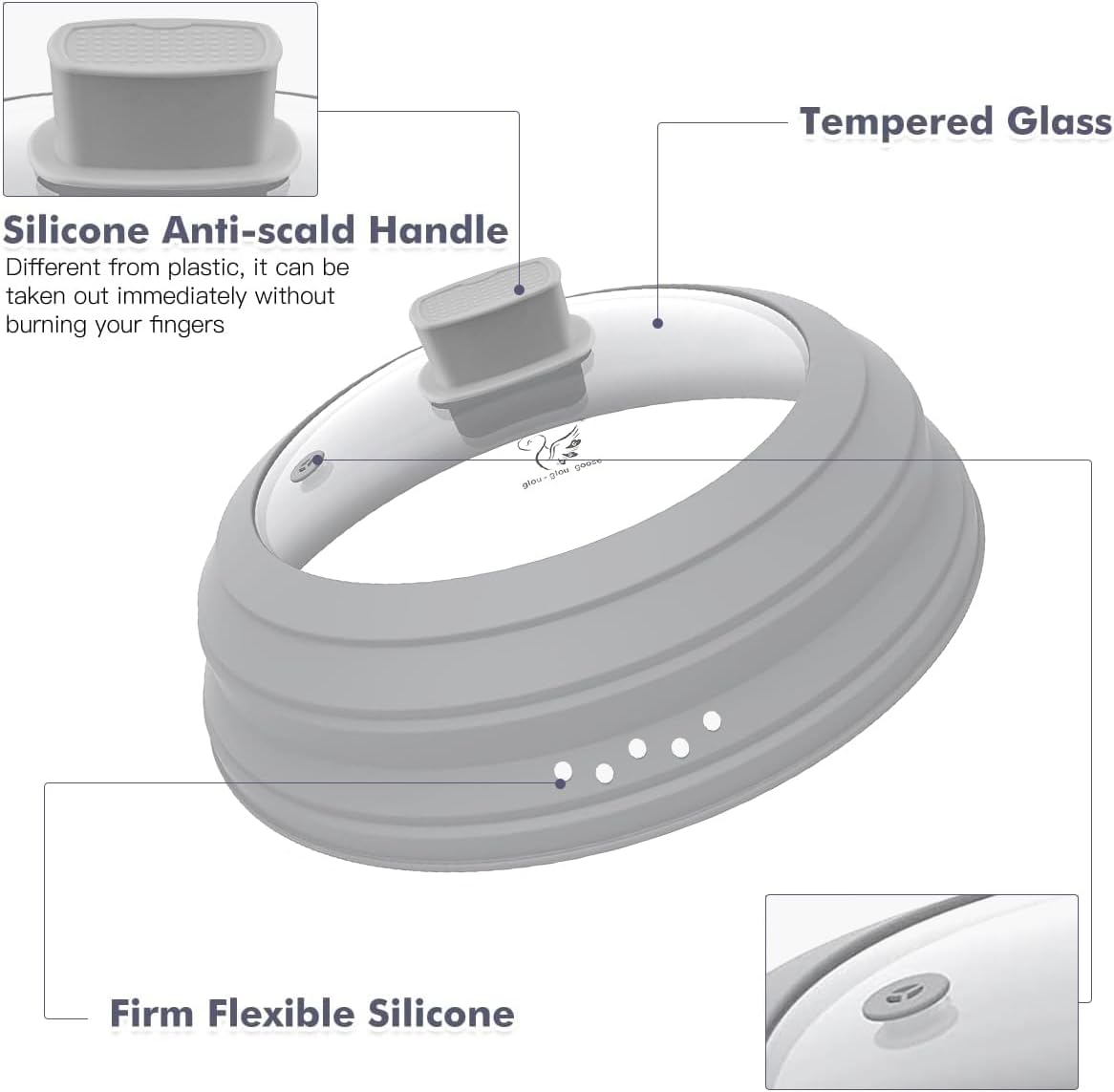 Microwave Splatter Cover Glass Cover Guard Lid with Collapsible Silicone for Food Pot Plate Cover 10.8 inch Light Grey