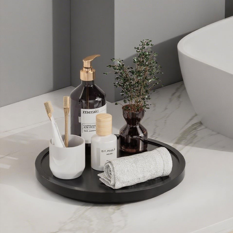 LAMU 10'' Wood Lazy Susan Organizer Turntable for Cabinet, Lazy Susan for Table Top, Pantry, Kitchen, Bathroom, Countertop, Rotating Spice Organizer, Vanity Decor Tray, Pine Wood, Black