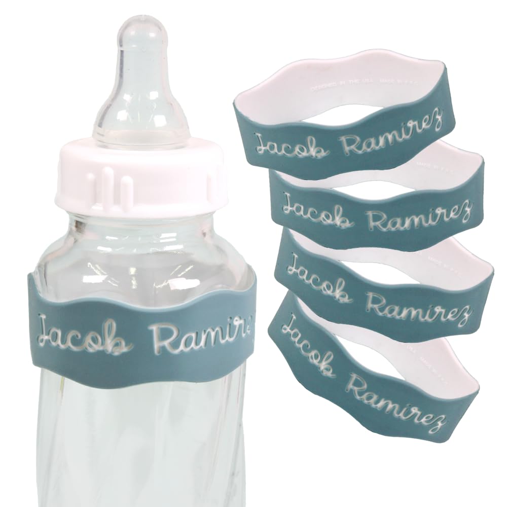 InchBug Orbit Labels - Baby Bottle Name Labels for Daycare, Sippy Cup Bands - Engraved Silicone, Reusable, Dishwasher Safe, White Contrasting Personalization, 4-Pack (Sea Glass)