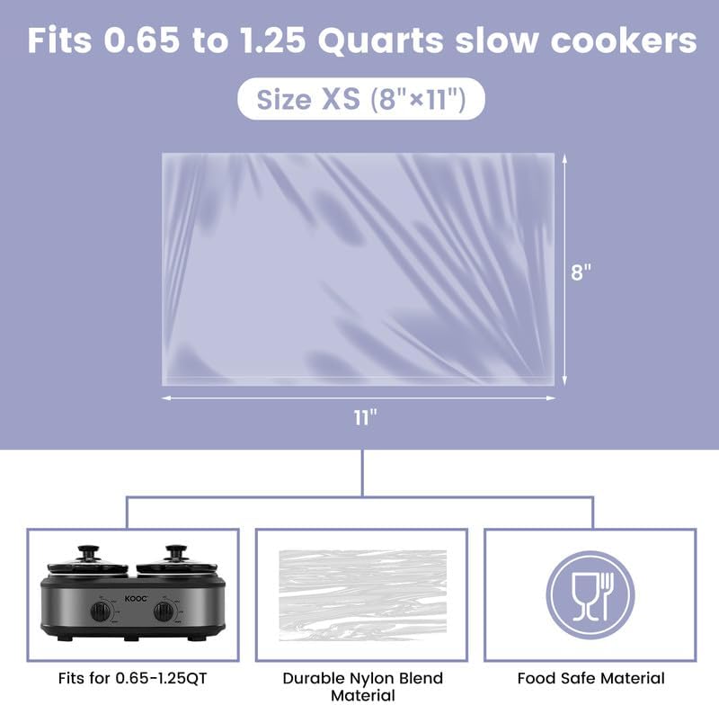KOOC Slow Cooker Liners 8"x11" 20 Count Mini Size Disposable Pot Liners Cooking Bags Fit 0.65 qt to 1.25 qt Pot BPA Free Fresh Locking Seal Design