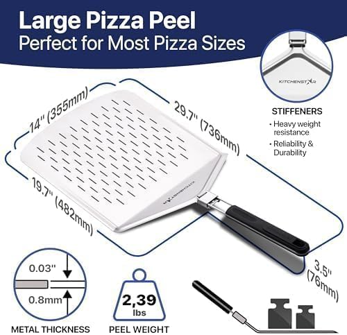 KitchenStar Perforated Pizza Peel 14 inch with 10 inch Folding Handle, Large - Stainless Steel Spatula Paddle for Effortless Pizza Transfer & Easy Storrage - Outdoor Pizza Oven Accessories