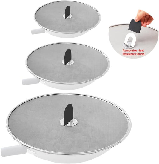 Snowyee Grease Splatter Guard, 3PCS Splatter Screen with Silicone Heat Resistant Handle and Stainless Steel Fine Mesh Design for Safe Indoor and Outdoor Cooking (13/11.5/10 inch and 33/29/25cm)