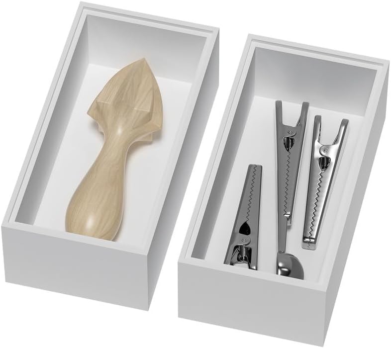 Bamboo Drawer Organizer, Small Silverware Organizer for Kitchen Drawer, Stackable Utensil Organizer, 2 Pcs Flatware Organizer Wooden Storage Box Tray (White, 6 X 3 X 2 Inch)