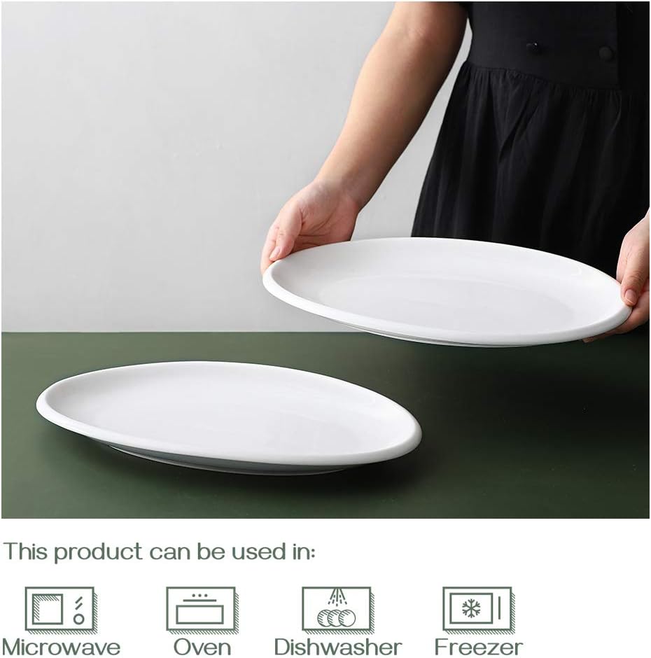 DOWAN 14" Serving Platters for Entertaining, Oval Soft White Serving Plates, Party Serving Trays and Platters Oven Safe, Porcelain Dinner Serving Tray Serving Dishes for Meat, Set of 2