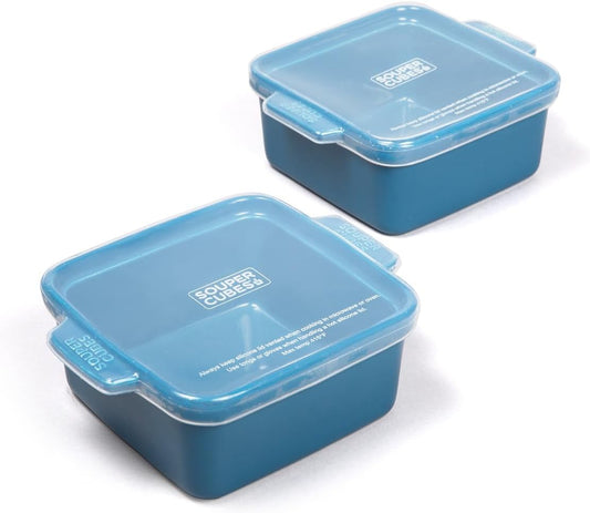 Souper Cubes Stoneware - 5" x 5" Baking Dishes for Oven with Silicone Covers, Premium Mini Ceramic Baking Dishes, Perfect for Reheating Individual Portions in Oven or Microwave, Set of 2 - Blueberry
