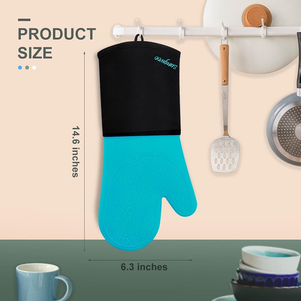 sungwoo Extra Long Silicone Oven Mitts, Heat Resistant Oven Gloves with Quilted Liner Non-Slip Textured Grip Perfect for BBQ, Baking, Cooking and Grilling - 1 Pair 14.6 Inch Turquoise & Black