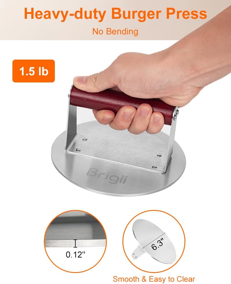 Brigii Burger Press Smasher, 1.5lb Heavy-Duty Stainless Steel, with Flat Nonstick Surface and Wooden Handle, for Hamburger Patty, Bacon, Steak, BBQ Grilling, Dishwasher Safe