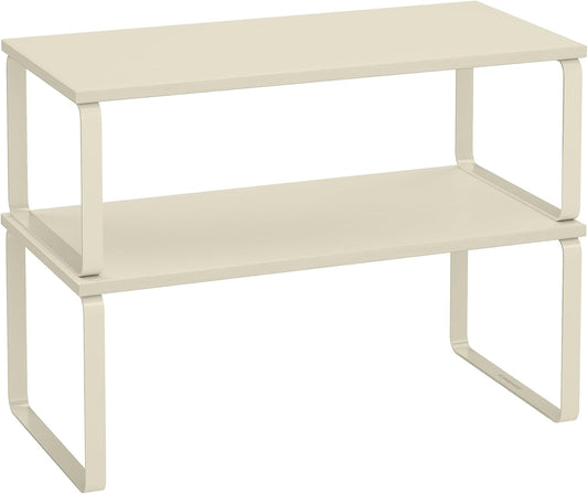 SONGMICS Cabinet Organizer Shelf, Set of 2 Kitchen Counter Shelves, Kitchen Storage, Spice Rack, Stackable, Expandable, Metal and Engineered Wood, Cream White UKCS200W02