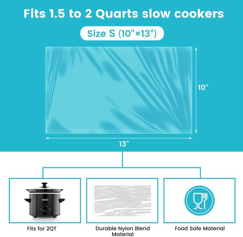 KOOC Slow Cooker Liners 10"x13" 10 count Small Size Disposable Pot Liners Cooking Bags Fit 1.5 qt to 2 qt Pot BPA Free Fresh Locking Seal Design