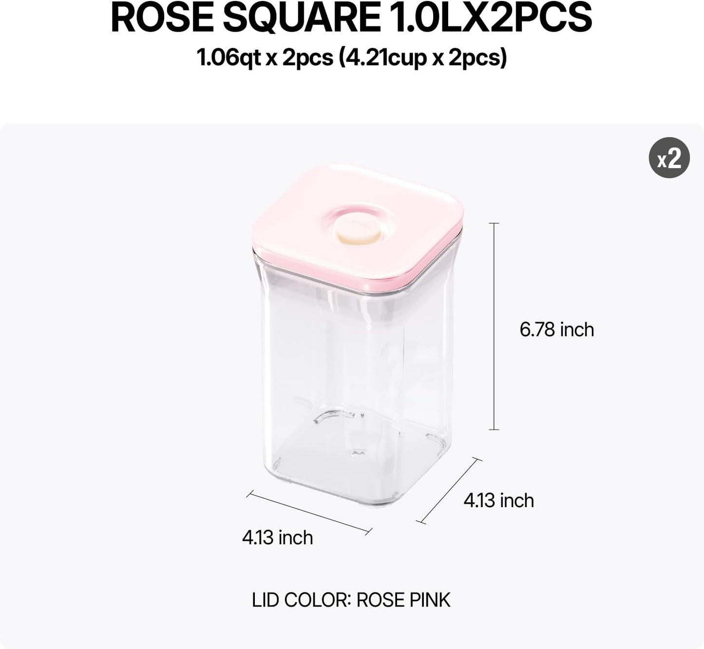 Premium Airtight Food Storage Containers ROSE Pink Lid, 1.0L(1.06qt) x2pcs Container. Patented Double Silicone Lining, 100% Leak Proof, BPA-FREE