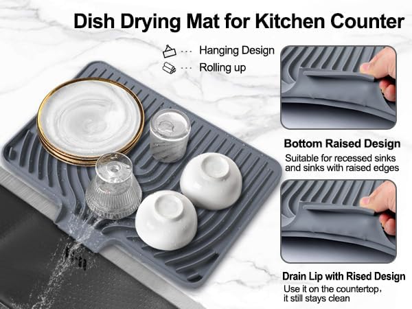 Silicone Dish Drying Mat for Kitchen Counter, (Grey, 18 x12 Raised Sink), Easy Clean Pad for Countertop Protection, Fast Self-Draining Slope, Non-Slip, Multiple Use