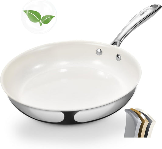 9.5" Tri-Ply Stainless Steel Frying Pan, Nonstick Ceramic Pan, Skillet with Stay-Cool Handle, Non Toxic, PFAS PFOA PTFE Free, Dishwasher & Oven Safe, Induction, Compatible with All Cooktops