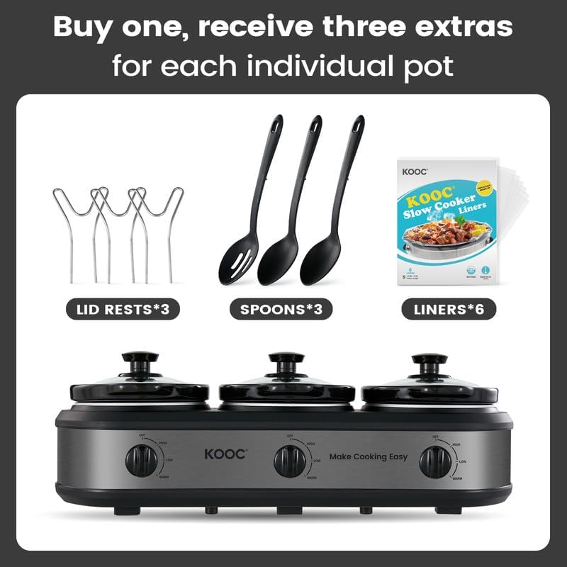 KOOC Triple Slow Cooker Buffet Server and Food Warmer 3x1.5 Quart Individual Temp Control With Lid Rests & Spoons With Liners Included Grey