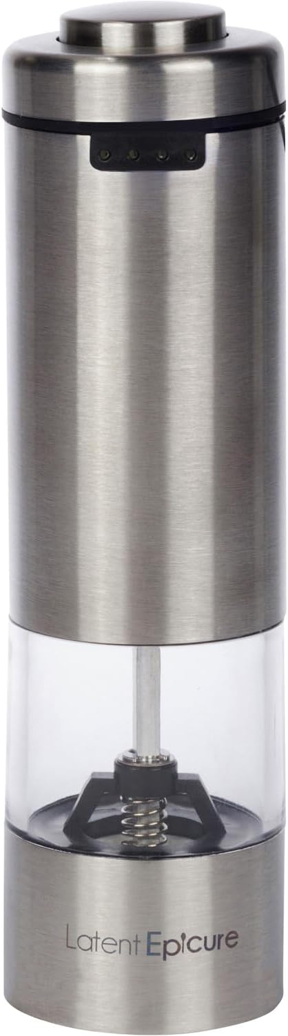 Electric Salt and Pepper Grinder (SINGLE) - Rechargeable USB-C - Stainless Steel Salt, Pepper or Spice Mill with LED Light - One Handed Operation - Adjustable Ceramic Grinders