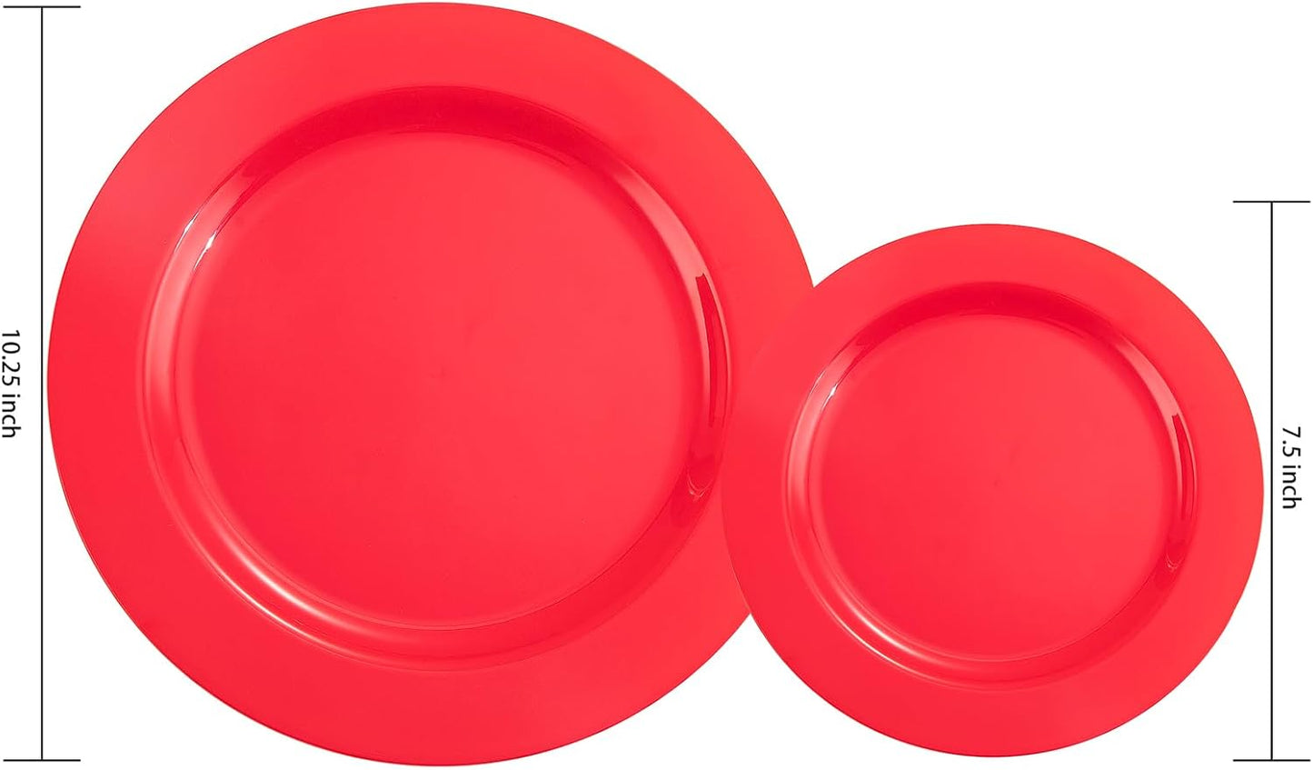 FLOWERCAT 60PCS Red Plastic Plates - Heavy Duty Red Plates Disposable for Party - Include 30PCS 10.25inch and 30PCS 7.5inch for 30 guests Party & Christmas & New Year