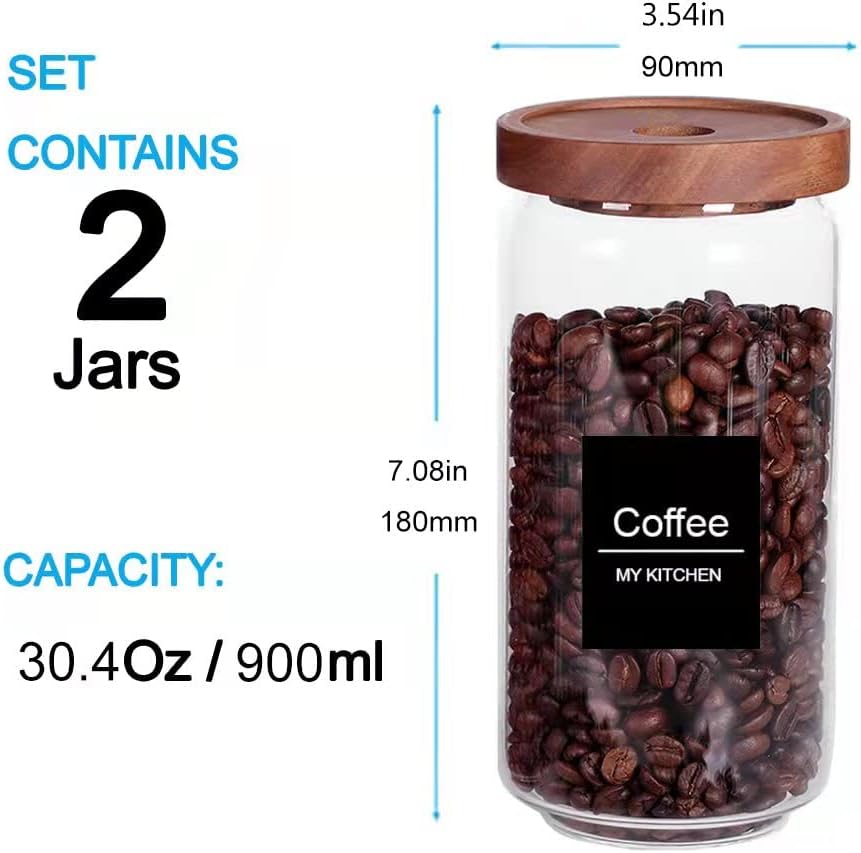 SAIOOL Home Borosilicate Glass Kitchen jars/Canisters with Acacia Wood Airtight Lid Set-2 Pack 30Oz/900ml,Minimalist Preprinted Farmhouse Style. White Matte Sticker Black Text.