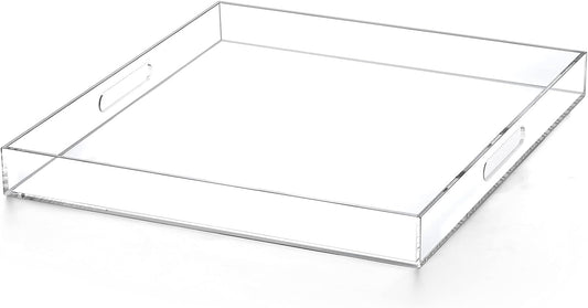 Clear Acrylic Ottoman Tray with Cutout Handles 20x20 Inch Over Sized Serving Tray, Organizer Rubber Boot Tray Decorative for Living Room Bedroom,Bathroom and Entryway Kitchen Tabletop