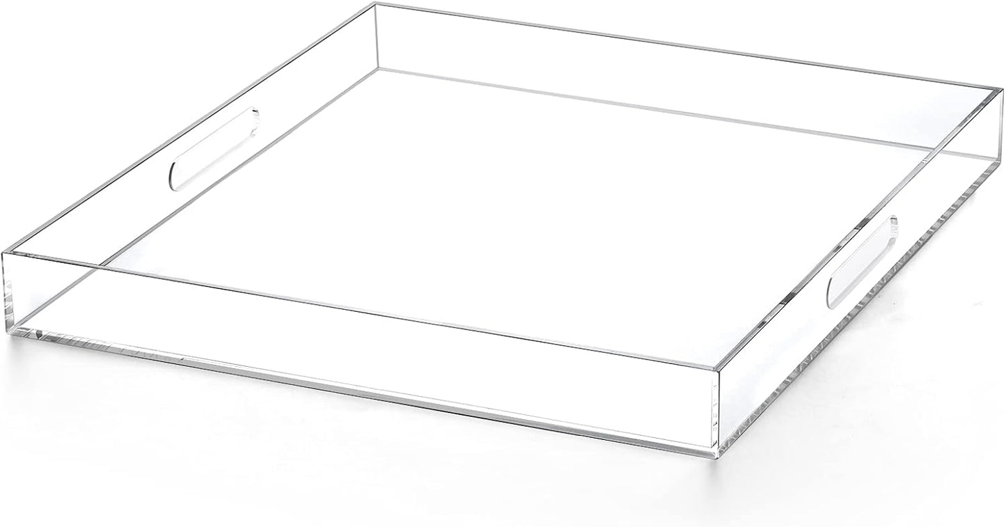 Extra Large Clear Modern Acrylic Ottoman Tray with Cutout Handles 22x22 Inch Over-Sized Serving Tray Organizer Boot Tray Decorative Tray for Living Room Bedroom Entryway and Kitchen Tabletop
