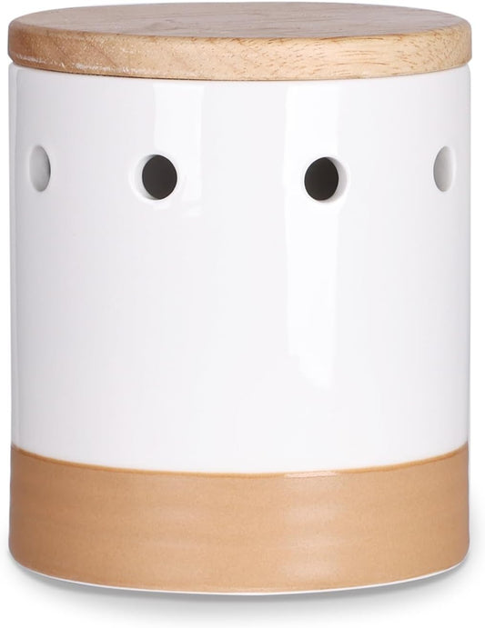LEETOYI Garlic Keeper with Wooden Lid, Ceramic Garlic Holder Storage Container for Countertop, Saver to Keep Garlic Cloves Fresh Longer