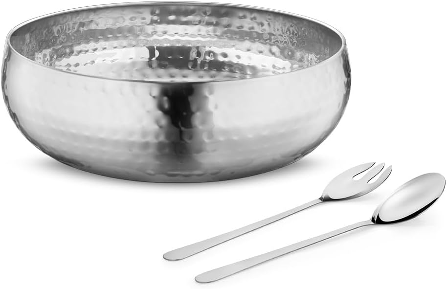 Avador® Set of 3 Premium Stainless Steel Salad Mixing Bowl Hammered Finish | Handmade | Includes Salad Serving Utensils (Stainless Steel)