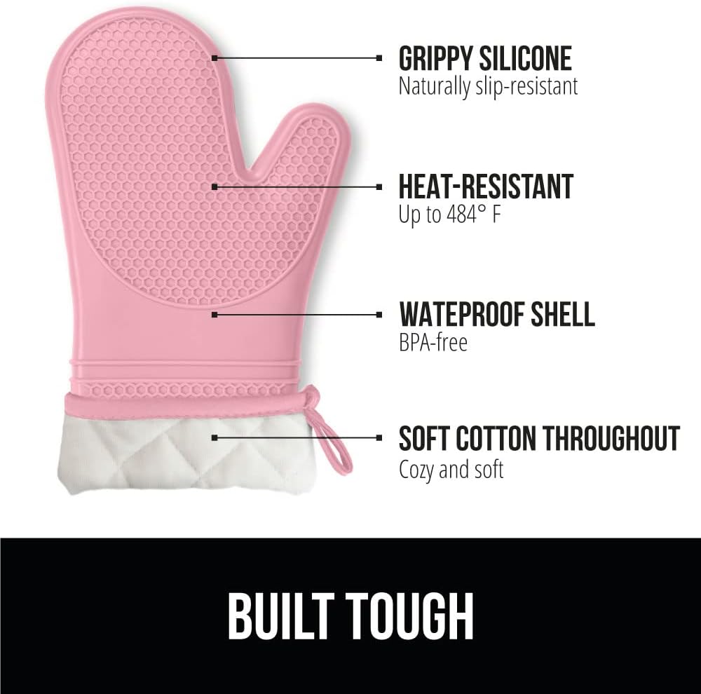 GORILLA GRIP BPA-Free Soft Silicone Oven Mitts, Heat Resistant and Waterproof Cooking Gloves, Thick Cotton Lining, Flexible Gripping for Baking Grilling, Kitchen Potholders Set of 2, 12.5x8.3, Pink