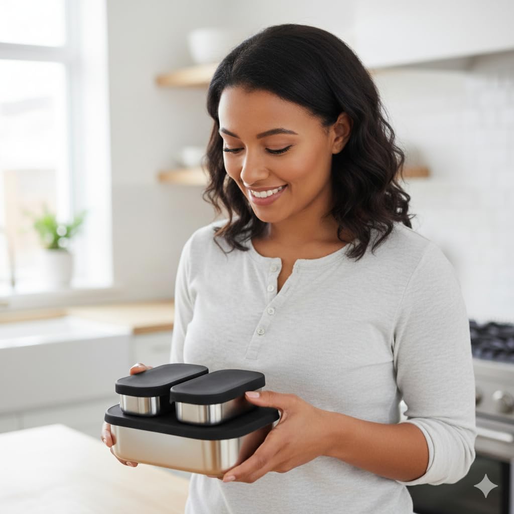 Flexibento - Leak proof Stainless Steel Lunch Box | Bento Box |Food , Lunch Containers with Silicone Lids| sandwich and Snack Containers |Metal lunch Box |Black | 27 OZ, 2*6.5 OZ| Adjustable Divider