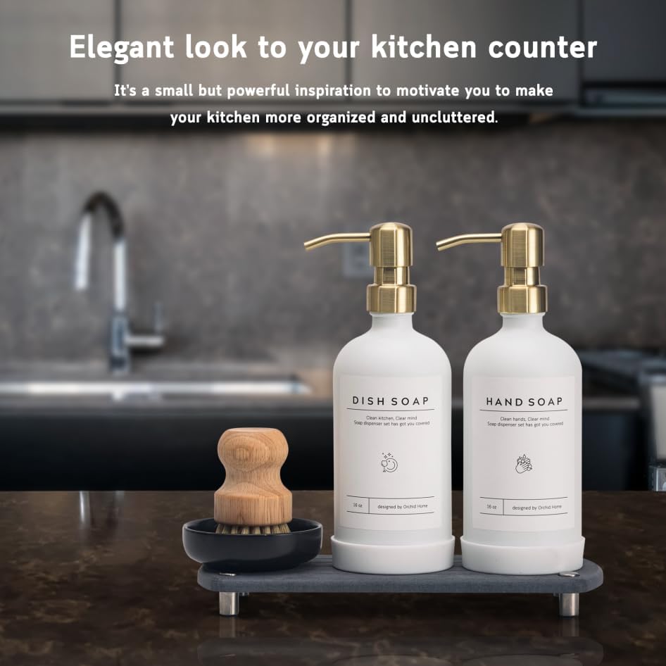 [Luxury] Kitchen Soap Dispenser Set - 16OZ White Glass Bottle, Stainless Steel Pump, Instant Dry Tray, Waterproof Labels, Non-Slip Silicone Pad, and Dish Brush | Upgrade for Your Kitchen and Bathroom