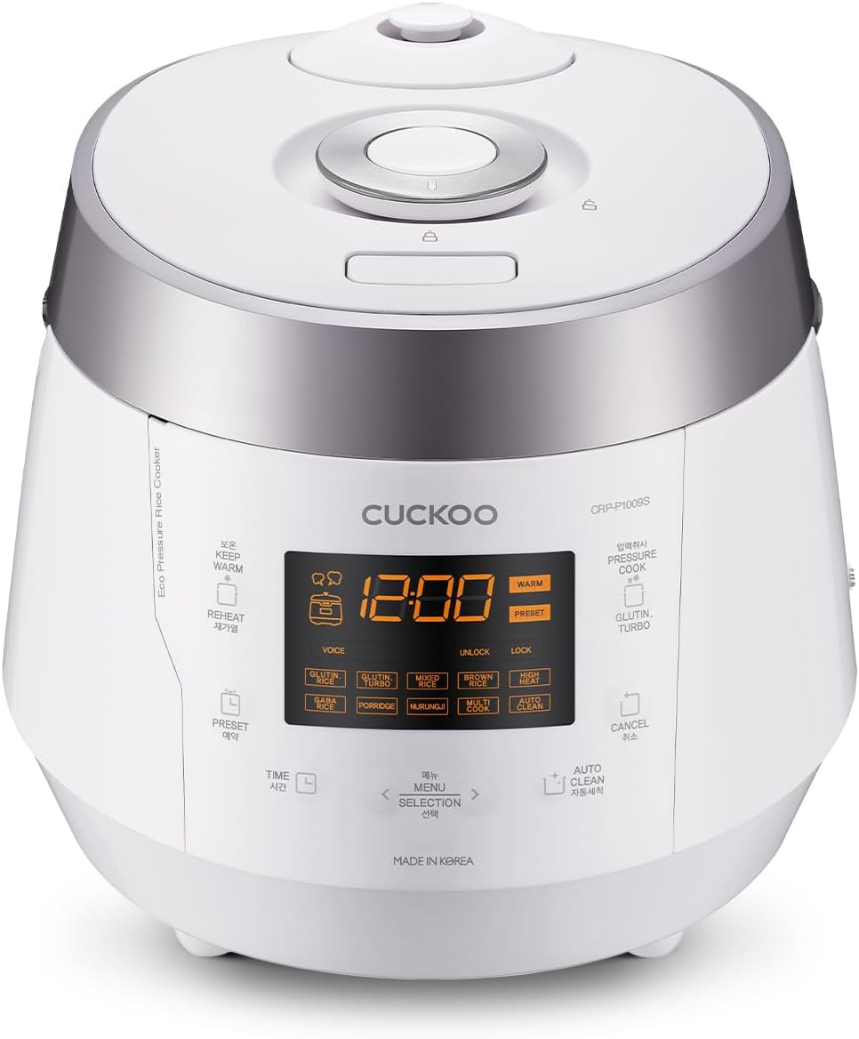 Cuckoo Heating Pressure Cooker & Warmer – 12 built-in programs, Glutinous (white), Mixed, Brown, GABA rice, and more, 10 cups