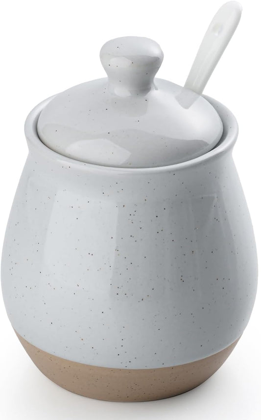 famiware Milkyway Sugar Bowl with Lid and Spoon, 10oz Ceramic Sugar Jar/Pot/Dispenser for Salt, Condiments, Spice, Seasonings, Sugar Container for Coffee Bar, Home, Kitchen, and Countertop, Light Gray