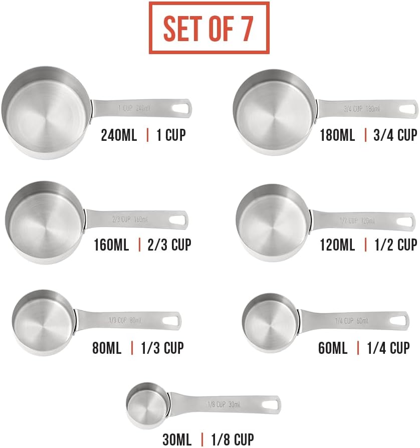 Chef Pomodoro Stainless Steel Measuring Cup Set, Nested and Stackable with 7 Pieces, Sturdy Extra-long Handles with Lasered Markings and Sorting Ring, Metal Kitchen Spoons for Wet and Dry Ingredients