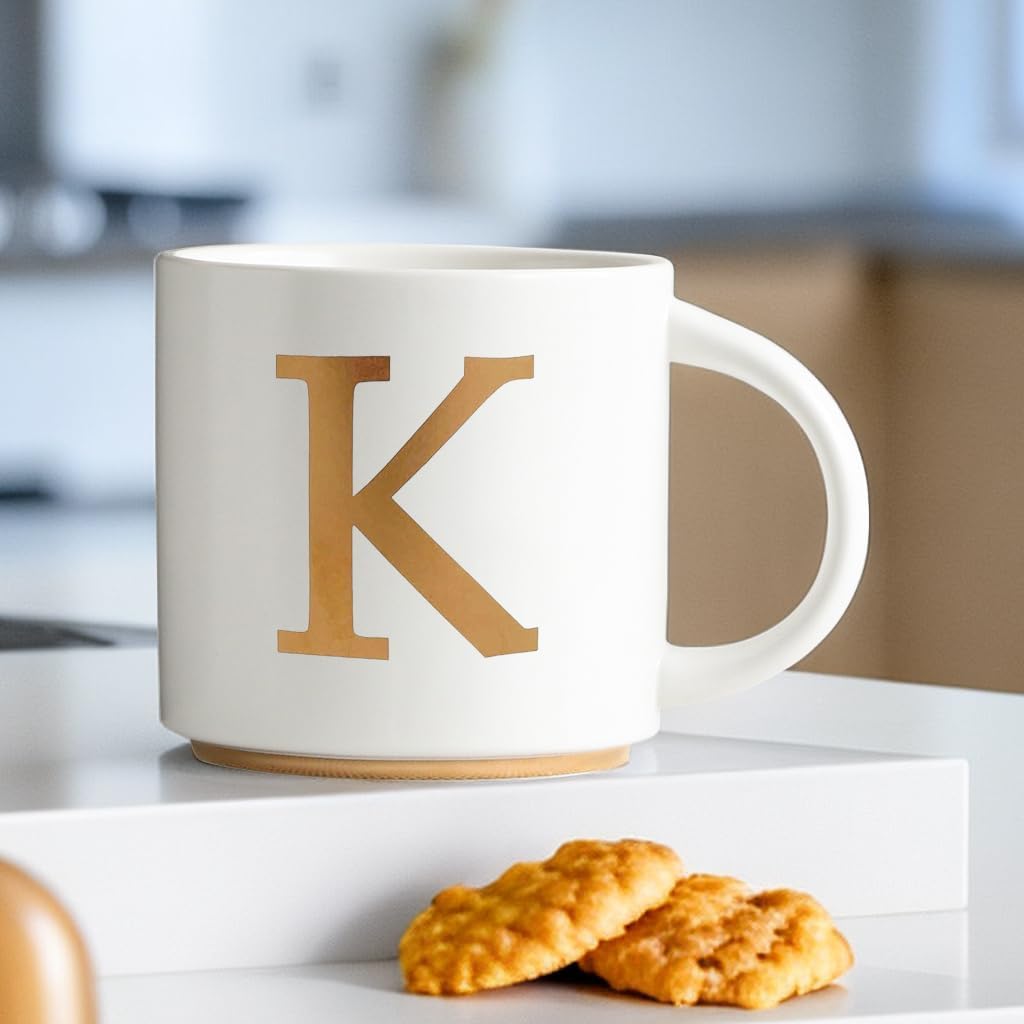 COLLECTIVE HOME - Monogram Ceramic Mugs, 15 oz Golden Initial Coffee Cups, Elegant Alphabet Tea Mugs, Elegant Personalized Mug with Gift Box, Unique Mug with Double Side Capital Letter (K)