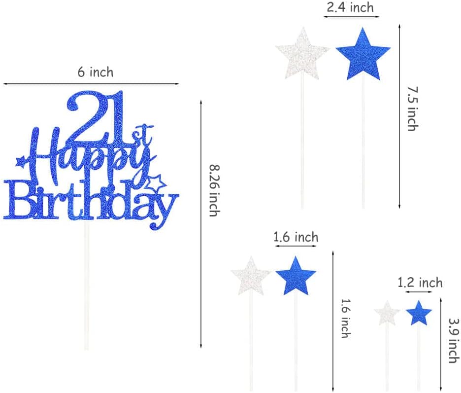 Glittery 21st Happy Birthday Cake Topper with Star,Personalised 21 Birthday Cake Toppers Party Decorations Party Supplies for Boys Girls Blue