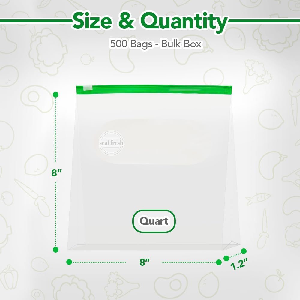 Quart Slider Storage Bags 500 Pack — Reusable Freezer Bags with Expandable Bottom, BPA Free, Microwave Safe, Clear Quart Food Storage Bags