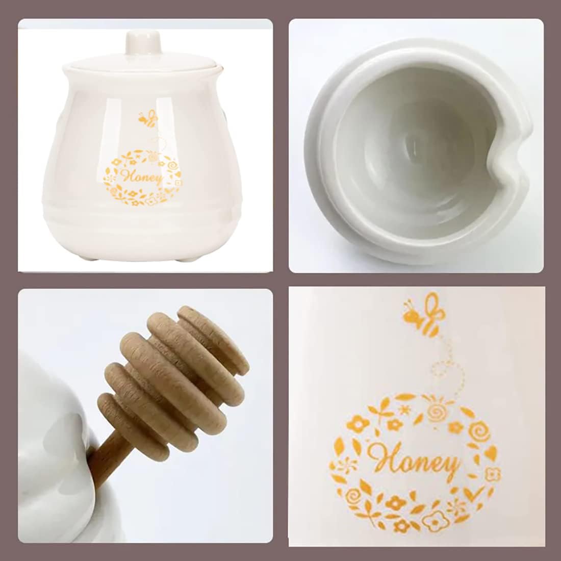 Ceramic Honey Jar with Wooden Honey Dipper-Honey Pot with Dipper- Honey Jar with Stand, Great Bee Decor- Farmhouse Kitchen Decor (Honey Jar-White)